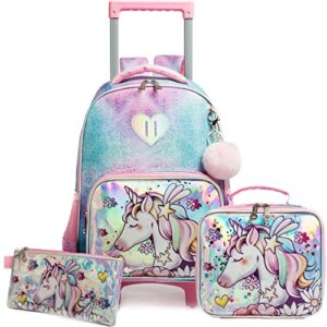 HTgroce Trolley Schultasche Mädchen Einhorn Schulrucksack mit Rollen 3 in 1 Kind Trolleytaschen-Set Schule Roulette Reise Kinder Schulranzen Mädchen Teenager